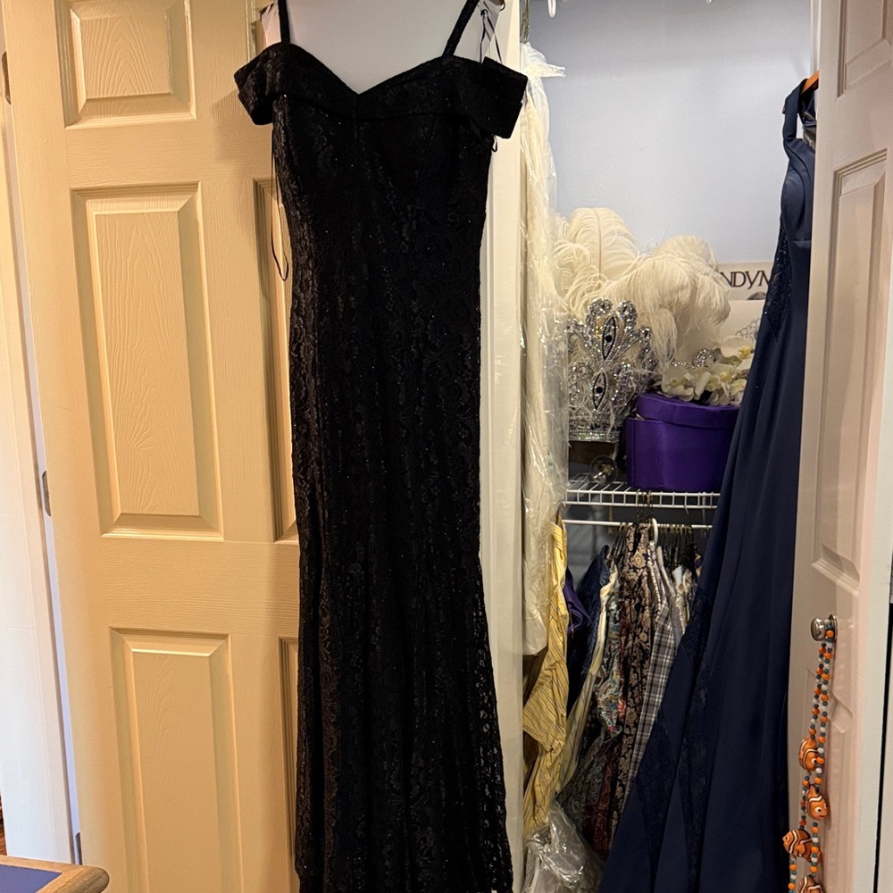 R & M Richards Off-Shoulder Black Maxi Dress